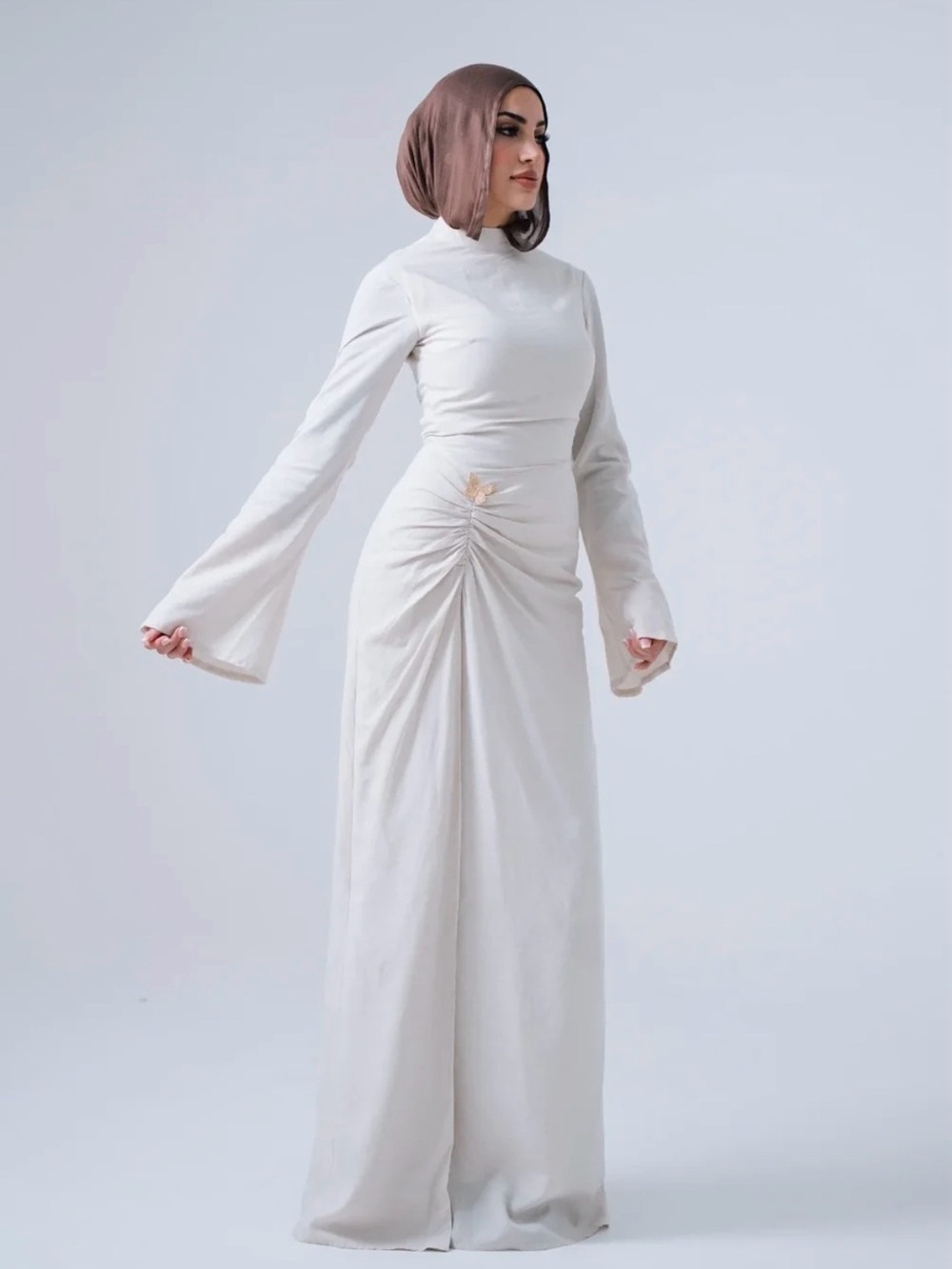 NWOT|CLASSIQUE COLLECTION | EVA Linen Ruched Maxi Dress Gold Butterfly Detail
